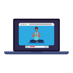 online, yoga concept, man afro practices yoga and meditation, watching a broadcast on a laptop computer