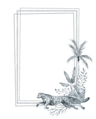 Silver frame with watercolor cheetah, plants and leaves. Aesthetic gently geometric wreath in boho style with palm leaf, foliage, black and white floral.