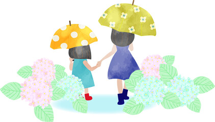 雨の日に傘を差して手をつないで歩くお母さんと女の子　水彩風イラスト