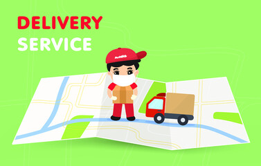 Order delivery online. Shipment tracking system mobile delivery man motorcycle fast shipping urban landscape.