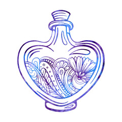 Bottle with magic calming potion. Colorful decorative element.