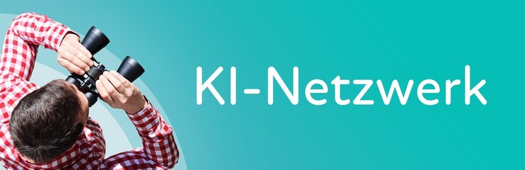 Naklejka premium KI-Netzwerk (Künstliche Intelligenz). Mann mit Fernglas aus Vogelperspektive. Beobachtung, Draufsicht, Panorama. Business Text auf blau. Statistik, Wirtschaft