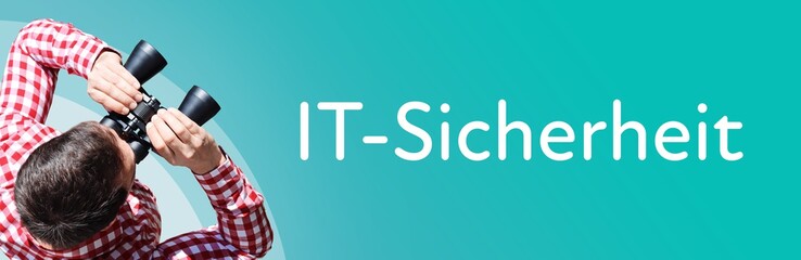 Naklejka premium IT-Sicherheit. Mann mit Fernglas aus Vogelperspektive. Beobachtung, Draufsicht, Panorama. Business Text auf blau. Statistik, Wirtschaft