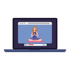 online, yoga concept, woman practices yoga and meditation, watching a broadcast on a laptop computer