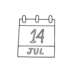 calendar hand drawn in doodle style. July 14. Day, date. icon, sticker, element, design. planning, business holiday