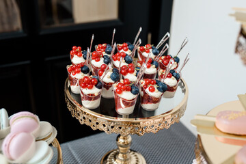  sweet dessert from blueberries cream and red ribes