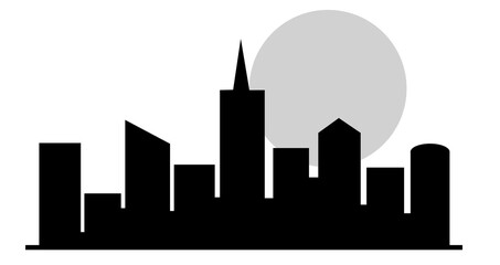 Naklejka premium Skyscrapers and multi-storey buildings on background of sun. Sunset in the city