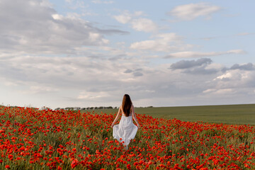 Back view of a woman in white dress walking in a red poppies field