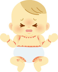 あせもの出来やすい部分を示したおしめ姿の赤ちゃん　ベビー全身イラスト22