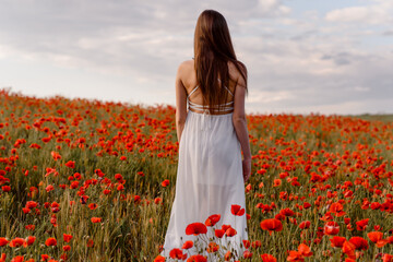 Fototapeta na wymiar Back view of a woman in white dress walking in a red poppies field