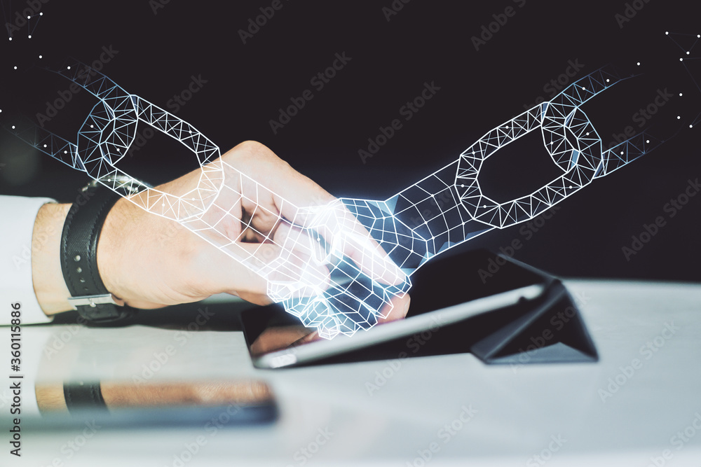 Poster creative concept of blockchain technology with handshake and finger clicks on a digital tablet on ba