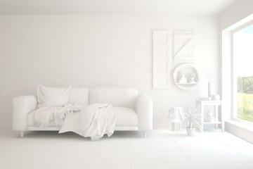 White minimalist living room with sofa. Scandinavian interior design. 3D illustration