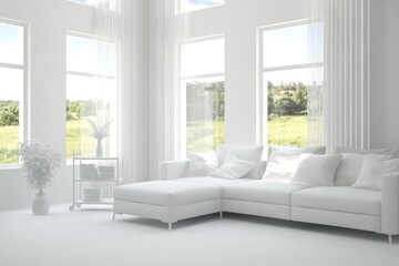 White living room with sofa and summer landscape in window. Scandinavian interior design. 3D illustration