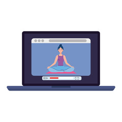 online, yoga concept, woman practices yoga and meditation, watching a broadcast on a laptop computer