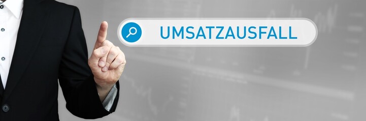 Umsatzausfall. Mann zeigt mit Finger auf Suchfeld im Internet. Blaues Wort steht in der Suche. Konzept für Business, Finanzen, Statistik