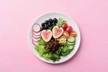 Salad with vegetables and fruit on plate with pink background, Vegan food