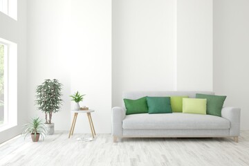 White living room with sofa. Scandinavian interior design. 3D illustration