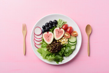Salad with vegetables and fruit on plate with wooden spoon and fork on pink background, Vegan food
