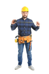 Male worker with tape measure on white background