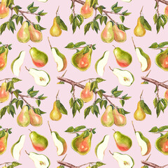 Watercolor seamless pattern with pears