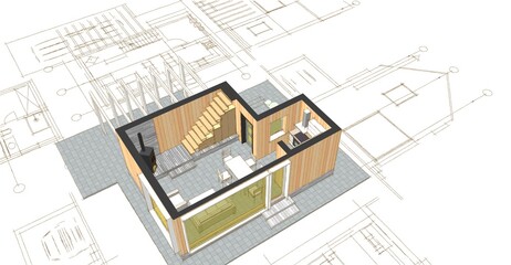 Fototapeta na wymiar small house architectural project sketch 3d illustra