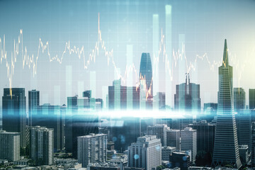 Multi exposure of abstract virtual financial graph hologram on San Francisco skyline background, forex and investment concept