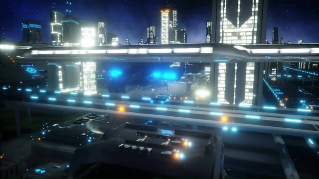Flight over night futuristic city. Concept of future. Realistic 4K animation.