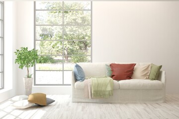 White living room with sofa and summer landscape in window. Scandinavian interior design. 3D illustration