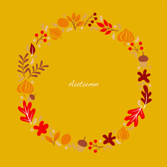 Flat oak leaves , flower; fern,nut and berry frame vector on yellow background for decoration on autumn season festival and Thanksgiving.