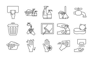 Cleaning service line style icon set vector design