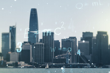 Abstract scientific formula hologram on San Francisco skyline background. Multiexposure