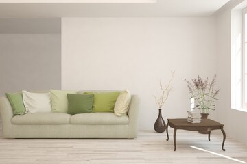 White living room with sofa. Scandinavian interior design. 3D illustration