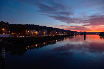 Amazing red sunset and Rhone river in Vienne, France