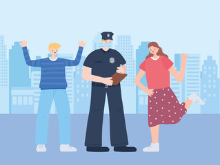 thank you essential workers, policeman wearing mask and happy people, coronavirus covid 19 disease