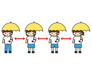 日傘をさしてソーシャルディスタンスをする子ども達