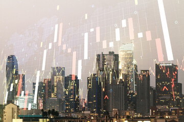 Abstract creative financial graph interface and world map on Los Angeles skyline background, forex and investment concept. Multiexposure