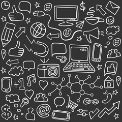 Social media icons hand drawn with a chalk on blackboard. Vector illustration.