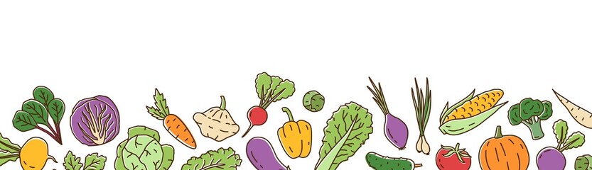 Colorful fresh organic vegetable horizontal background in line art style. Bright healthy vegetarian food vector illustration. Ripe vegetables, salads and herbs isolated on white