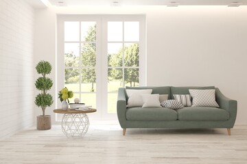 White living room with sofa and summer landscape in window. Scandinavian interior design. 3D illustration
