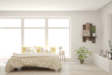 White bedroom interior. Scandinavian design. 3D illustration