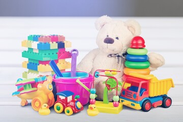 Many colorful toys collection on the desk