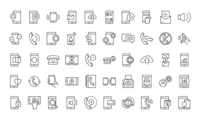 mobile phone or smartphone electronic technology device line style icons set
