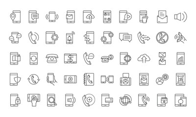mobile phone or smartphone electronic technology device line style icons set