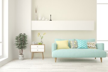 White living room with sofa. Scandinavian interior design. 3D illustration