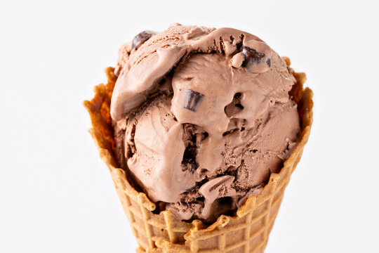 Chocolate Ice Cream With Chocolate Pieces In A Waffle Cone