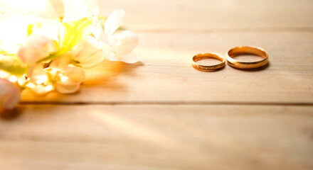 Two gold rings on a wooden background with white Apple blossoms. Wedding in eco-style, rustic. Couple in love, ceremony and registration, details, bride's fees, groom's morning. Space for text. flatly
