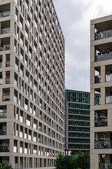 Fototapeta premium Corporte building Vienna. The Vienna International Center is a Complex with tall skyscrapers and high rise (corporate and residential) buildings next to the Danube River. 