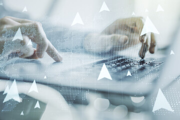 Double exposure of world map with pins hologram and hands typing on laptop on background....