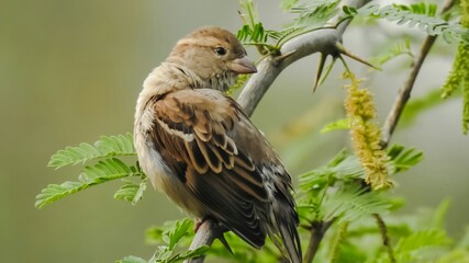 a small house sparrow on a branch with nature background