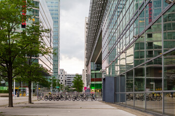 Obraz premium Corporte building Vienna. The Vienna International Center is a Complex with tall skyscrapers and high rise (corporate and residential) buildings next to the Danube River. 